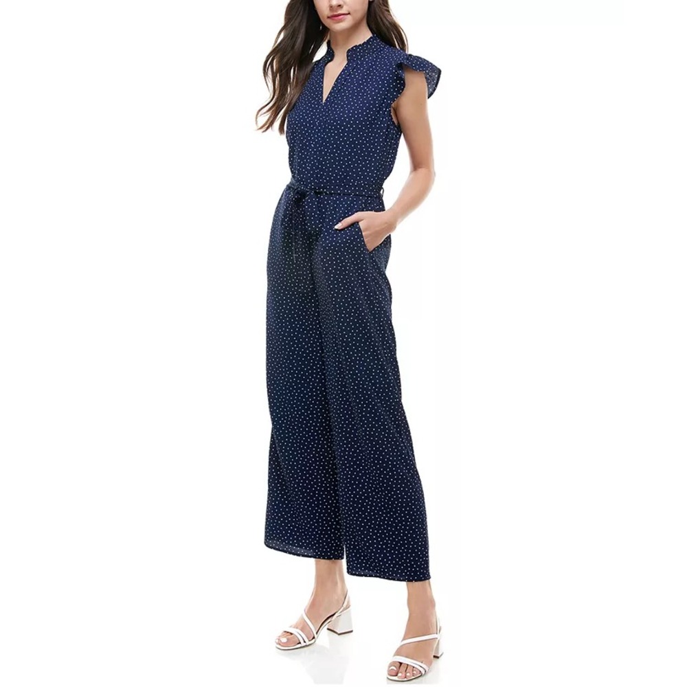 Monteau‎ Navy Polka-Dot Flutter Sleeve Jumpsuit Women's Size S